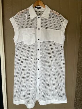 BeulahStyle Isled Button-Front Mesh Shirt Dress in White One size